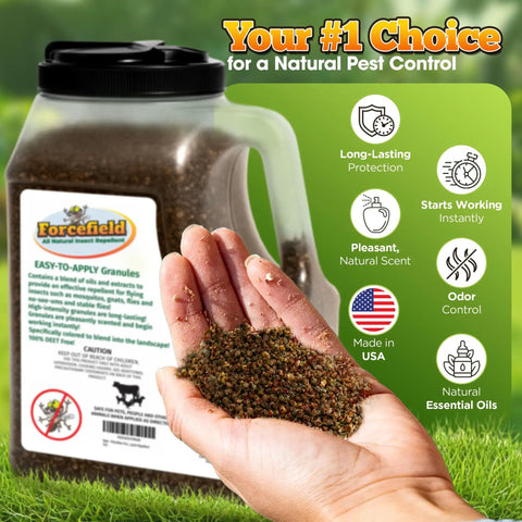 Hand holding Natural Mosquito Yard Treatment Granules For Backyard Control Pet Safe And DEET Free Outdoor Repellent.
