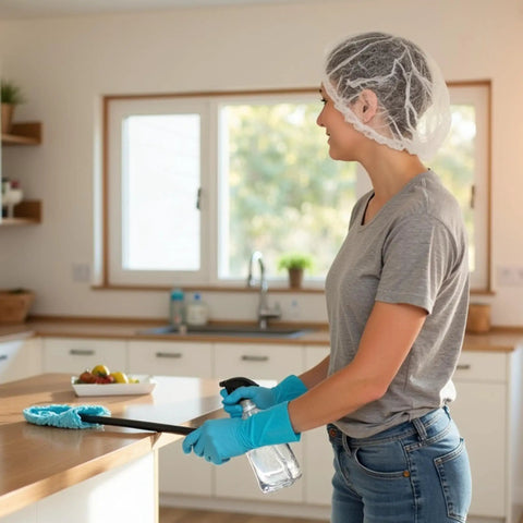 Person cleaning kitchen wearing Breathable Disposable Bouffant Cap With Elastic Edge For A Secure Fit Latex Free Hair Net