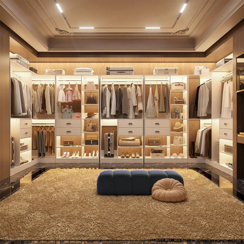 Built Tough Freestanding Walk In Closet 3 Piece Kit With Big Time Storage Shelves Solid Wood Drawers And Hanging Rods in a spacious setup.