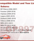 List of Subaru models compatible with Subaru Panel Engine Air Filter Drop-In Replacement For Impreza Legacy Outback Forester WRX Tribeca Crosstrek XV 2005-2019.