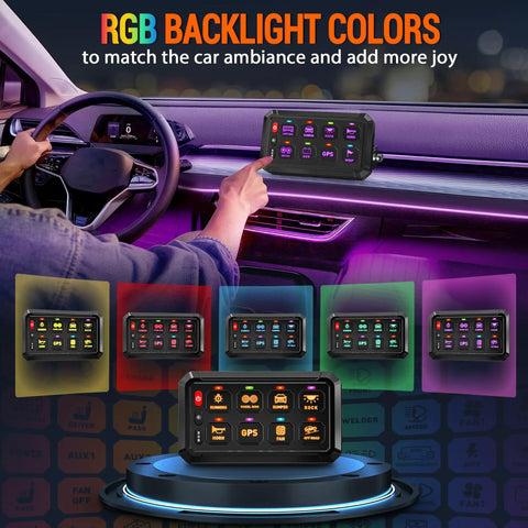 RGB backlit 8 Gang Switch Panel With Universal Circuit Control Relay System in car dashboard for ambiance and control, 12V/24V