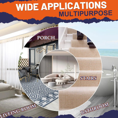 Graphic showing applications of Heavy Duty Tough Double Sided Carpet Tape Fiberglass Reinforced Residue Free Rug Tape on porch, stairs, living room, and bathroom.