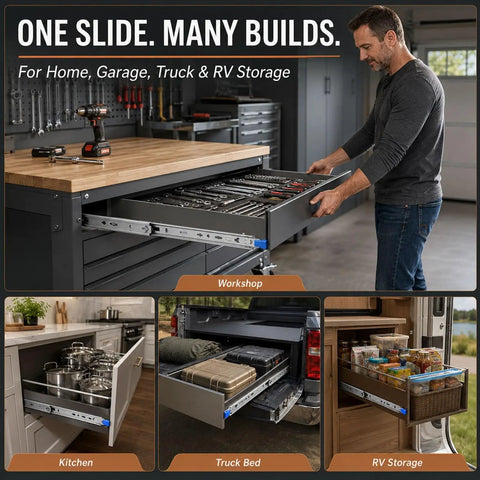 Beefy 72 Inch Heavy Duty Locking Drawer Slides Hold Up To 500 Lb, Side Mount Steel Rails, Industrial Grade, Thick 2.5mm Q235 Cold Rolled Steel, Built Tough For Heavy Storage and Smooth Slides. in workshop drawer