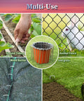 Collage showing 50 Pack 4-Inch Galvanized U Shaped Landscape Staples Garden Stakes for Lawn, Ground Tubing, Animal Fence, Weed Barrier.