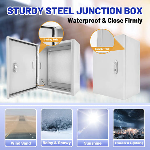 Built Tough All Weather Outdoor Electrical Box 16 By 12 By 8 Inch NEMA 4X Steel Enclosure shown open and closed with features