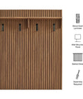 Mid Century Modern Fluted Walnut Wall Mount Coat Rack Panel With Roomy Shelf And Hella Sturdy Hooks For Entryway Hallway Mudroom showing slatted wood grain detail.