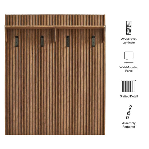 Mid Century Modern Fluted Walnut Wall Mount Coat Rack Panel With Roomy Shelf And Hella Sturdy Hooks For Entryway Hallway Mudroom showing slatted wood grain detail.