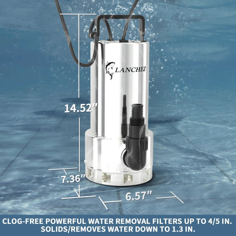 Beefy 1.6 HP Submersible Sump Pump With Stainless Steel Casing, 6000 GPH High Flow, 30 Ft Head, Automatic Float Switch