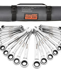 Ratcheting Wrench Set 22-Piece With Roll Up Pouch, SAE And Metric Combination Wrenches, 1/4 To 3/4 Inch And 6-18mm, Long Open End, Chrome Vanadium Steel, Mirror Finish, Durable Organizer For Home, Garage, Auto.