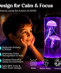 Child admiring lifelike jellyfish lamp with sixteen color options and four modes auto shutoff remote controlled LED night light