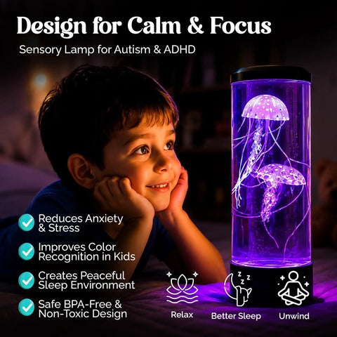Child admiring lifelike jellyfish lamp with sixteen color options and four modes auto shutoff remote controlled LED night light