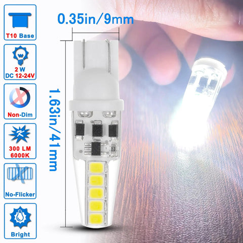 Ten Pack T10 LED RV Interior Bulbs 12V 24V Bright White 6000K 300 Lumens 2W Low Power Replacement Lamp with Size Details