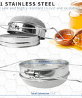 Stainless Steel Honey Strainer With Dual Sieve, 9-inch diameter, extendable arms, shown with honeycomb for home apiaries and small farms.