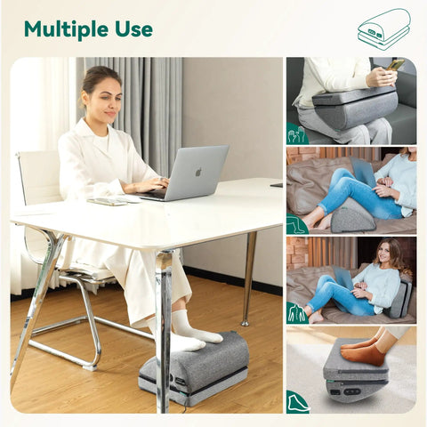 Woman using Under Desk Heated Foot Rest With Adjustable Height And Dual Heat Levels for office use and relaxation