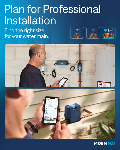 Automatic Water Leak Detector And Shutoff For Your Whole Home On The Main Line One And A Quarter Inch With 24 7 Monitoring Detects Leaks Early And Automatically Cuts Water Flow To Prevent Damage And Save You Time And Money installed on copper water line