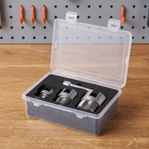 All-in-One Pipe Threader Set for Internal and External Threads, Reusable Plumbing Tool Kit, Drill-Ready for 1/2, 3/4, 1 Inch PVC and Metal Pipes, Adapters Included in case