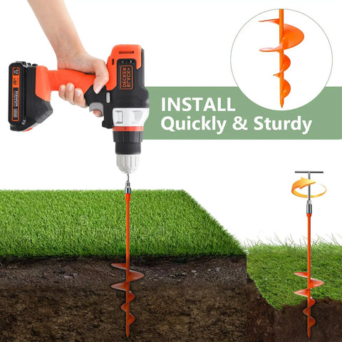 18 Inch Beefy Duty Ground Anchors Screw In Kit with T Handle Hex Wrench shown with drill installation for outdoor use
