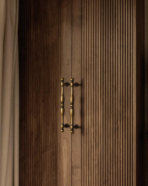 Antique Brass Cabinet Pulls Set Of 6, 5 Inch Center Drawer Handles on wooden cabinet with vintage style grooves