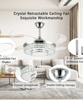 42 Inch Retractable Ceiling Fan With Bright Lights, Smooth App Controlled Crystal Chandelier, Modern Dimmable Led Fandelier, No Sweat Folding Blades, Top Shelf Upgrade For Living Room Or Bedroom showing retractable blades and crystal lampshade.