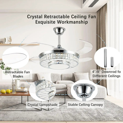 42 Inch Retractable Ceiling Fan With Bright Lights, Smooth App Controlled Crystal Chandelier, Modern Dimmable Led Fandelier, No Sweat Folding Blades, Top Shelf Upgrade For Living Room Or Bedroom showing retractable blades and crystal lampshade.