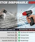 Comparison of canned air and Powerful 130000 RPM Cordless Air Duster For Computers Electronics And Cars As Seen On TV on keyboard