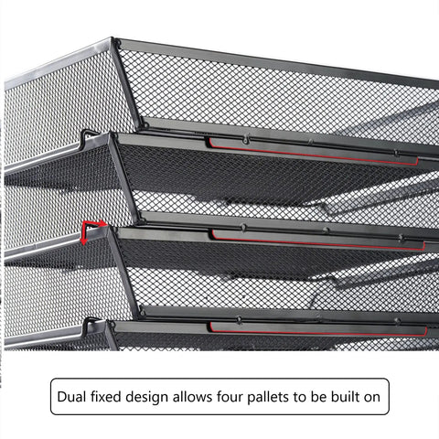 Side view of Four Tier Mesh Stackable File Trays for Desk Organization in black, showing metal construction and dual fixed design.