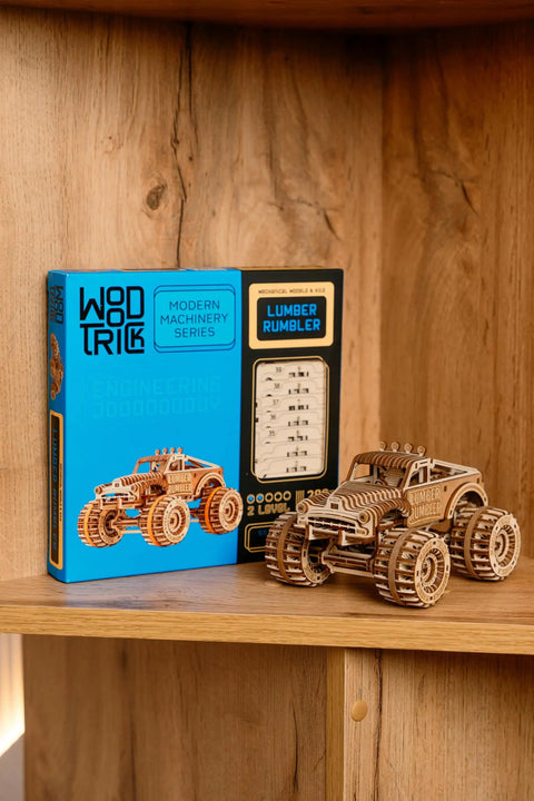 Lumber Rumbler Dope 3D Wood Puzzle Kit For Adults Build A Movable Monster Truck From 280 Precision Cut Pieces No Glue Required With Illustrated Step By Step Guide, wood model kit box and assembled truck