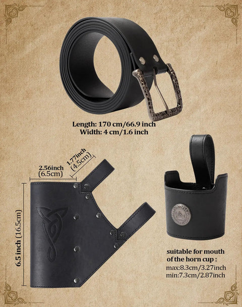 Three pieces of Five Piece Medieval Belt Costume Accessories Kit For Ren Faire Cosplay, black belt, sword frog, mug strap shown