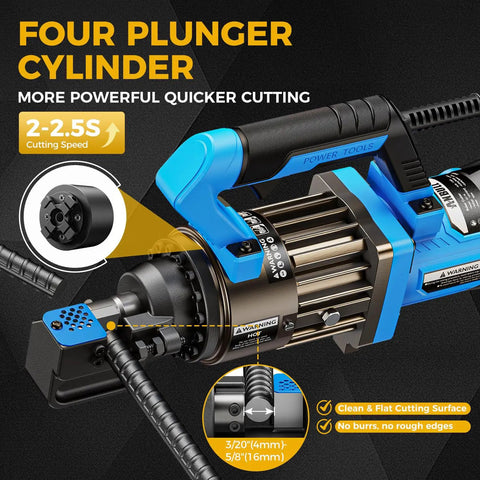 Close-up of 1000W Electric Hydraulic Rebar Cutter showcasing the four plunger cylinder and cutting speed features.