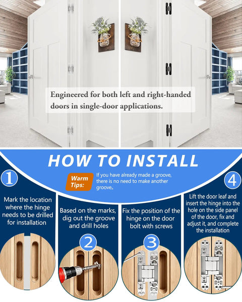 Installation guide for 180 Degree Concealed Hidden Door Hinges Heavy Duty Zinc Alloy Invisible Pivot Hardware with images of hinges.
