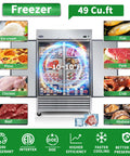 Top Notch Commercial Reach In Upright Freezer 49 Cubic Feet 54 Inch Wide Stainless Steel Frame showing assorted frozen goods.