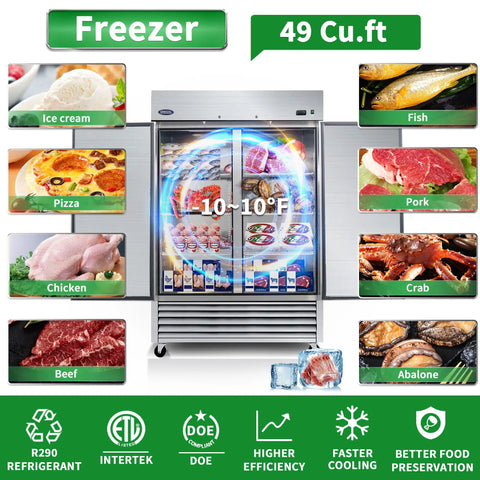 Top Notch Commercial Reach In Upright Freezer 49 Cubic Feet 54 Inch Wide Stainless Steel Frame showing assorted frozen goods.
