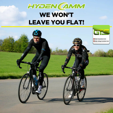 Two cyclists riding on a road with a focus on durability, highlighting "We Won't Leave You Flat!" messaging for Inner Tube 700C Set.