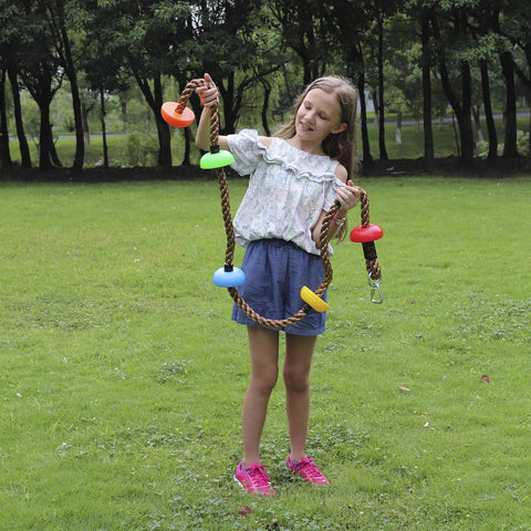 Girl holding Colorful Climbing Rope Six Point Five Feet With Five Knotted Foot Holds For Kids Ninja Warrior Setup Slackline Obstacle Course