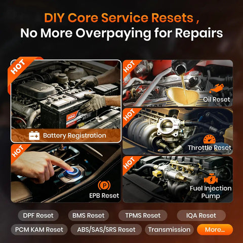 DIY service resets including battery registration, oil, throttle, EPB, and fuel injection with Ford Lincoln Mercury FD700 OBD2 Scanner