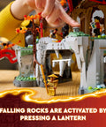 Hands interacting with NINJAGO Tournament Temple City Building Kit, highlighting falling rocks feature, set 71814