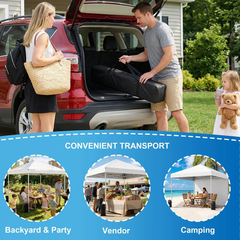 Family packing Instant 10x10 Pop Up Canopy Tent With Easy One Push Setup, Portable Outdoor Shelter into a car