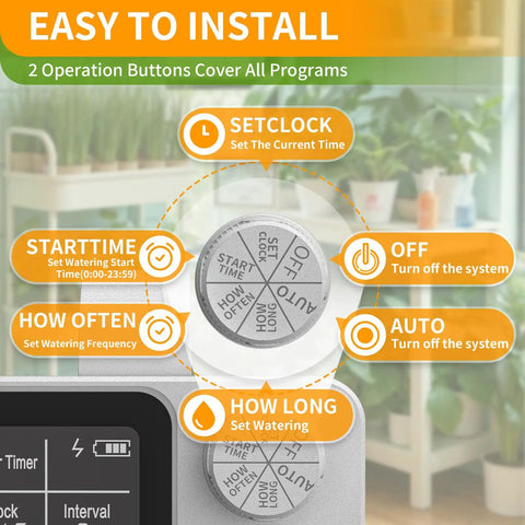 Set It And Forget It No Fuss Automatic Plant Watering System With Self Drip Irrigation Kit interface showing settings buttons