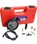 Front view of HFS fuel pump tester gauge kit with red storage case, includes gauge, hose, and brass adapters.