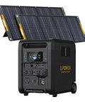 Heavy Duty Portable Power Station 6144Wh With Two 200W Foldable Solar Panels 4200W Output in black with solar panels setup.