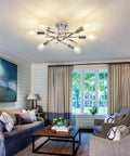 Living room with Six Lights Semi Flush Mount Ceiling Fixture With Modern Chrome Matte Finish Sputnik Chandelier for farmhouse decor.