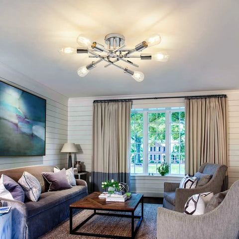 Living room with Six Lights Semi Flush Mount Ceiling Fixture With Modern Chrome Matte Finish Sputnik Chandelier for farmhouse decor.