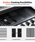 Close-up of Six Burner Propane Gas Grill With Infrared Sear Side Burner showing diamond-pattern cast iron grates and griddle