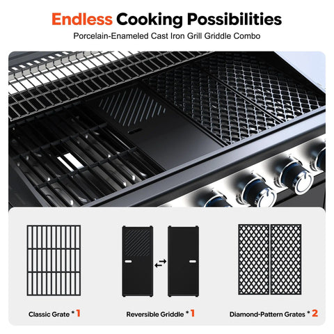 Close-up of Six Burner Propane Gas Grill With Infrared Sear Side Burner showing diamond-pattern cast iron grates and griddle