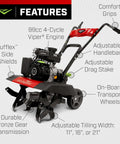 Versa 2-In-1 Tiller Cultivator Equipped With 99cc 4-Cycle Viper Engine, labeled features and parts like handlebar and side shields.
