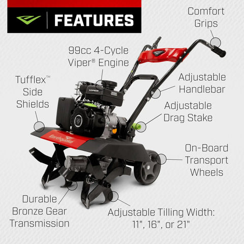 Versa 2-In-1 Tiller Cultivator Equipped With 99cc 4-Cycle Viper Engine, labeled features and parts like handlebar and side shields.