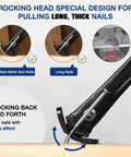 Diagram showing 13 Inch Nail Puller With Cats Paw Pry Bar And Rocking Head For High Leverage Nail Removal In Home Remodeling