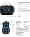 Close-up of Planet Night Light Projector for Kids with remote; features labeled on starry projector showing various buttons and slots.