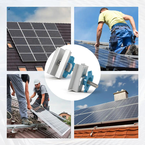 Heavy Duty Kickass Solar Panel Clamps With Bolt Nuts Corrosion Proof Aluminum Mid Mount Brackets on rooftops during installation.