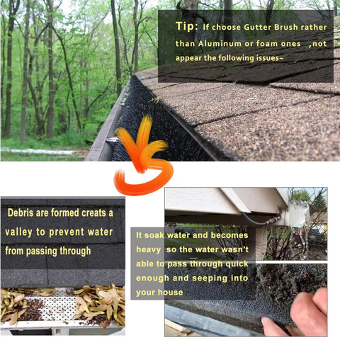 5 Inch Gutter Guard Brush Filter Pack With 80 Ft Total Length Fits Standard 5 Inch And K Style Gutters Leaf Debris Guard for Easy No Tools DIY Gutter Protection At Home installed on roof preventing debris blockage and water overflow.